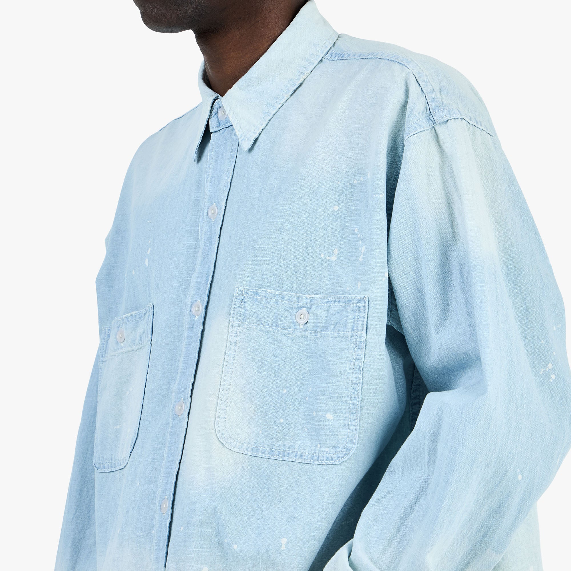 BEAMS Damage Chambray Shirt / Fade Blue - Image 4